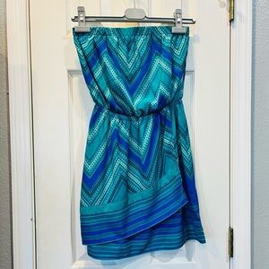 Express strapless blue and green short dress. Never worn.  Size XS.